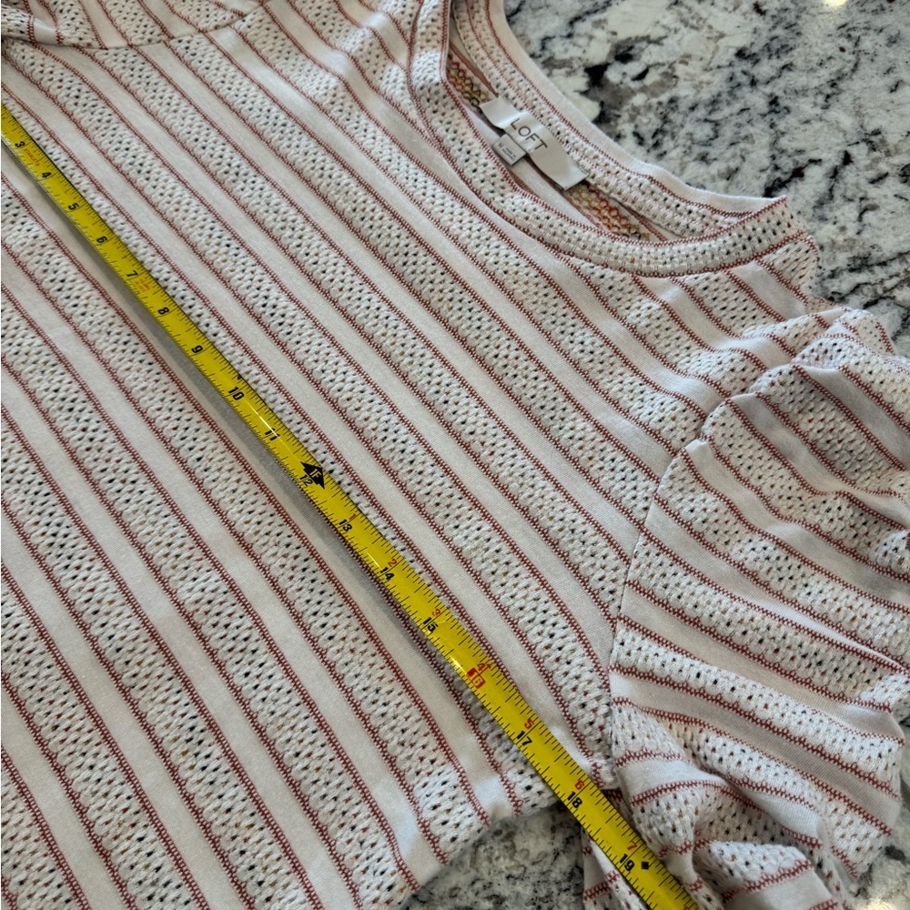 LOFT Pink Striped Pointelle Ruched Sleeve Top Medium - Picture 10 of 10